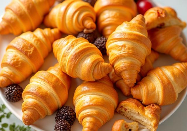 Bandeja de catering con una selección de mini croissants, napolitanas y otros dulces.
